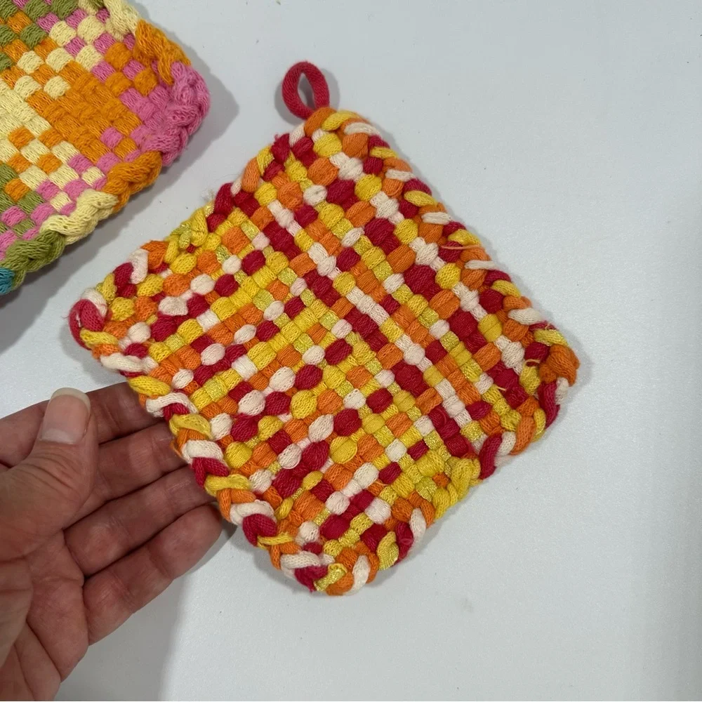 3 Hand Loomed Loop Loom Braided Potholders Coforful Multicolor Kitchen
